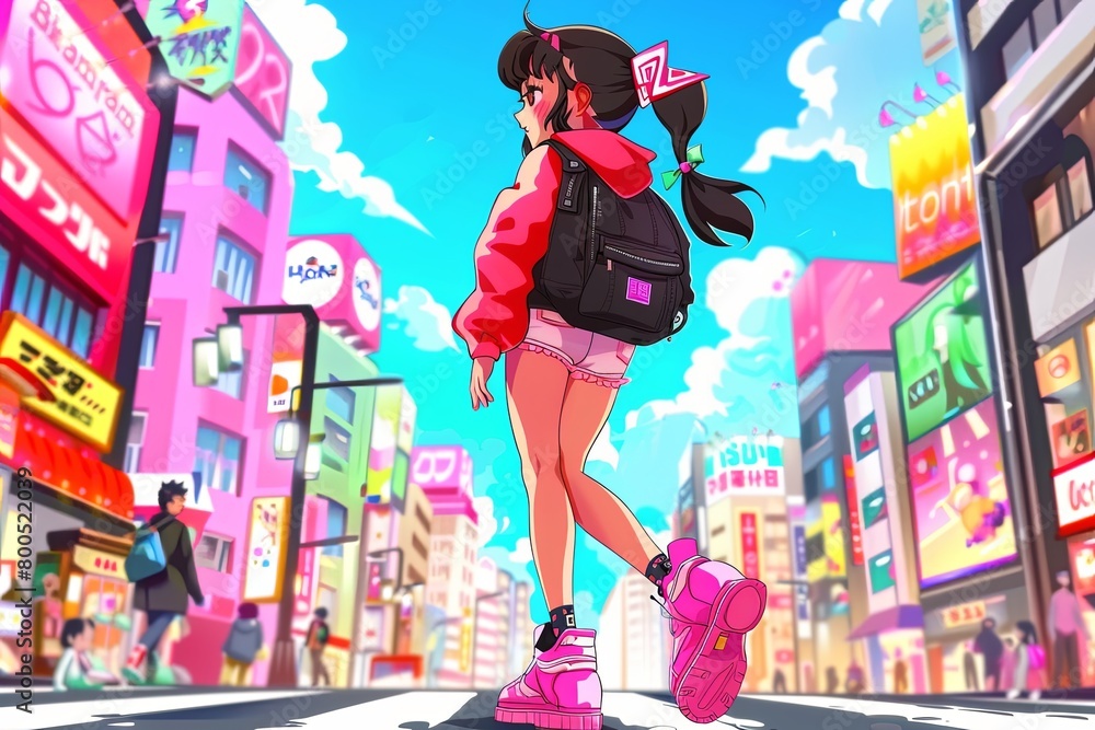 Bright, anime-inspired illustration of a girl in a bustling cityscape, perfect for trendy posters or youth-oriented decor. Bright, anime-inspired illustration of a girl in a bustling cityscape, perfect for trendy posters or youth-oriented decor.