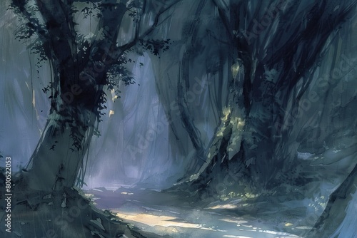 A digital painting captures the mystic beauty of a forest path, suitable for fantasy book covers or tranquil wall art.