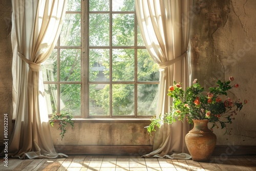 a room with a large window and a vase with flowers in it next to a window with drapes and curtains on the windowsill