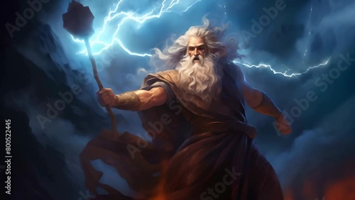 Perun, Slavic god of thunder and lightning, wielding a mighty hammer amidst a stormy sky photo