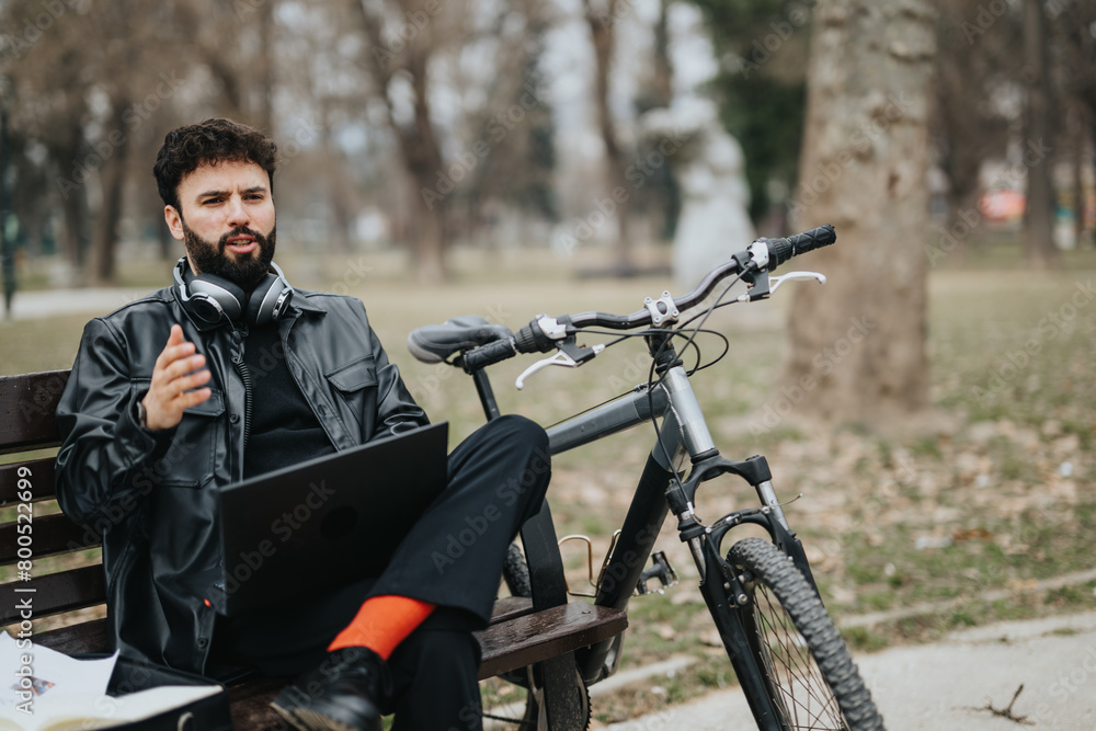 A handsome businessman conducts remote work in a serene park setting, using a laptop with his bicycle nearby. A handsome businessman conducts remote work in a serene park setting, using a laptop with his bicycle nearby.