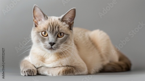 Chic Tonkinese Cat Resting on Plain Background, Perfect for Text Addition © Mehram
