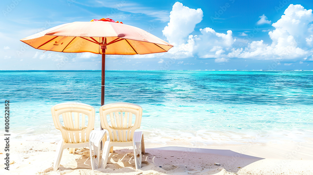 Seashore, beach, two plastic chairs under an umbrella. Summer. Vacation