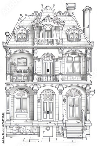 house line art for coloring pages, detailed black lines on a white background