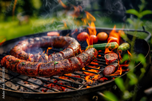 Kiełbasa na grillu. Grill, majówka. barbeque, bbq
