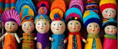 Rows of multiethnic and transnational handmade figures, souvenirs of traditional handmade dolls in elegant outfits, conceptual art showing the diversity of people around the world. Generative AI © Carlos