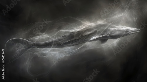  Dolphin swimming in water with smoky exhale, black backdrop photo