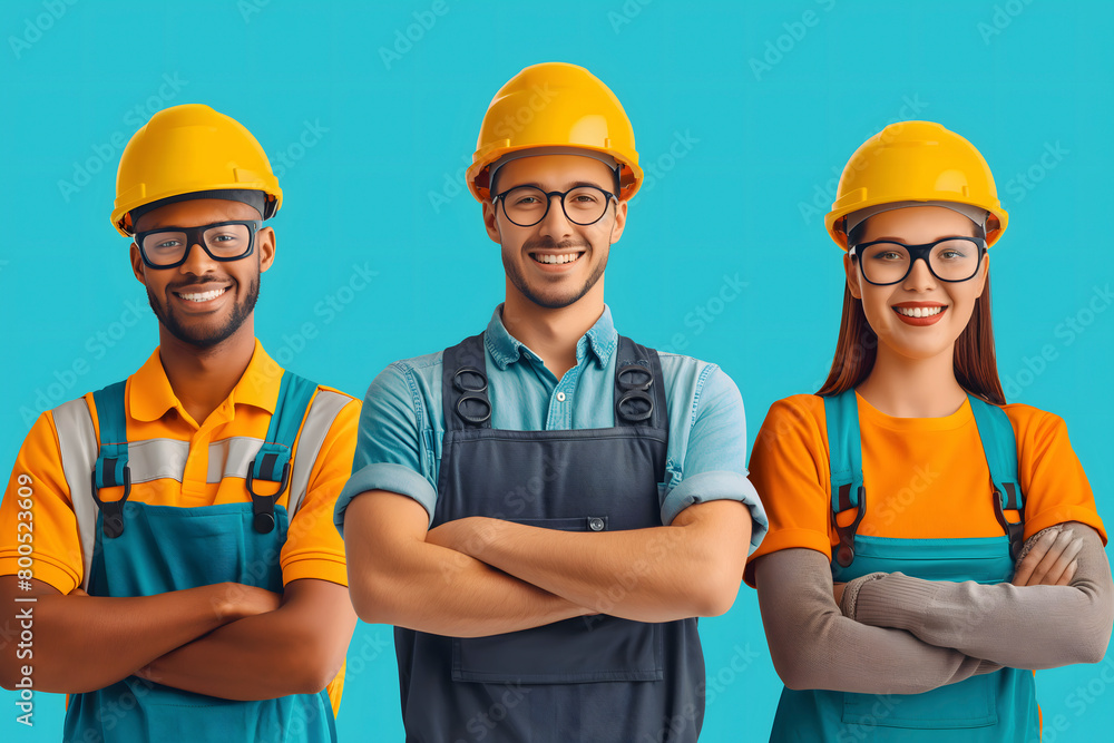 Portrait of a group of smiling construction workers standing with crossed arms Portrait of a group of smiling construction workers standing with crossed arms