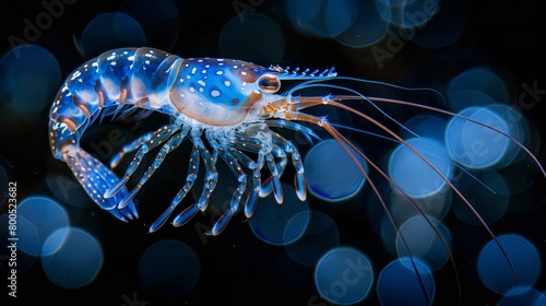  A tight shot of a blue-and-white jellyfish against a black backdrop, encircled by rings of radiant light