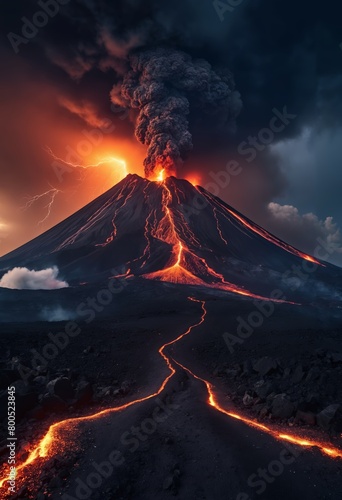 Strong volcanic eruption at night.