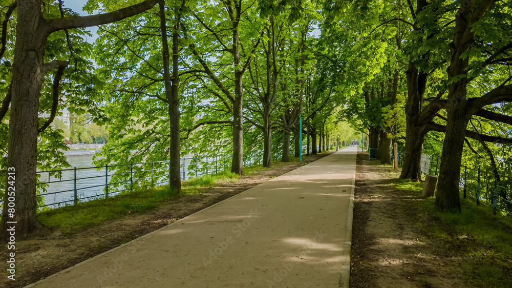 Tranquil riverside walking path lined with lush green trees on a sunny Spring day, ideal for Earth Day themes and outdoor leisure concepts