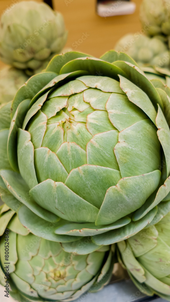 Fototapeta premium Close-up of a fresh green artichoke on display at a farmers market, ideal for vegetarian cuisine and healthy eating content, related to World Vegetarian Day