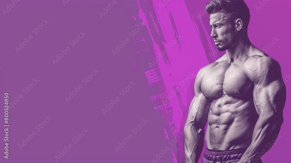 Fototapeta premium A shirtless man poses before a vibrant backdrop of purple and pink hues, hands resting on hips Right hand placed on left hip