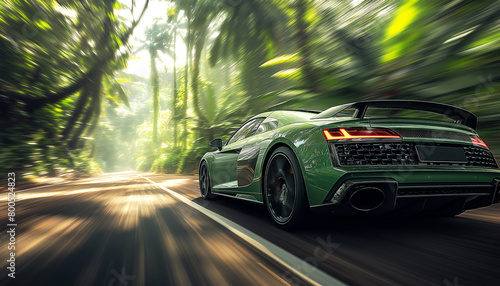 Sleek green sports car speeding through lush green forest environment by curved asphalt road. Dynamic motion blur adds to excitement of scene. Auto design and automotive production industry concept photo