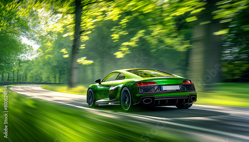 Sleek green sports car speeding through lush green forest environment by curved asphalt road. Dynamic motion blur adds to excitement of scene. Auto design and automotive production industry concept photo