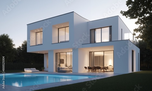3d rendering of modern white house with swimming pool and terrace © Andrey