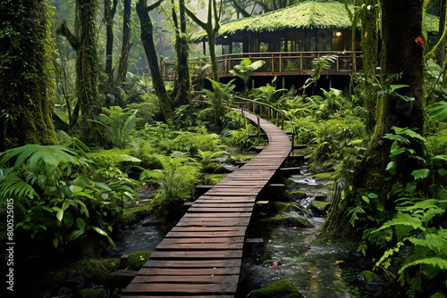 Wooden cabin and boardwalk surrounded by lush greenery in a tranquil forest © Rytis