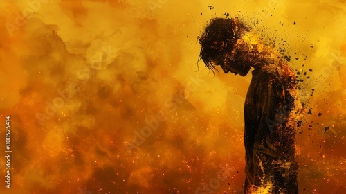   A person depicted against a vibrant backdrop of yellow and orange hues, surrounded by considerable smoke emission photo