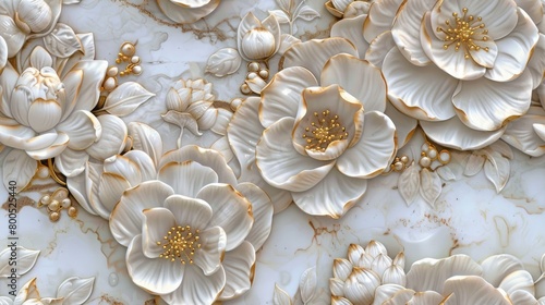 panel wall art featuring a marble background adorned with intricate white and golden flower designs, elevating the ambiance of any space as an exquisite wall decoration. SEAMLESS PATTERN © lililia