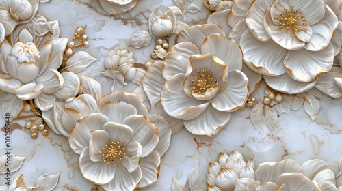 panel wall art featuring a marble background adorned with intricate white and golden flower designs, elevating the ambiance of any space as an exquisite wall decoration. SEAMLESS PATTERN