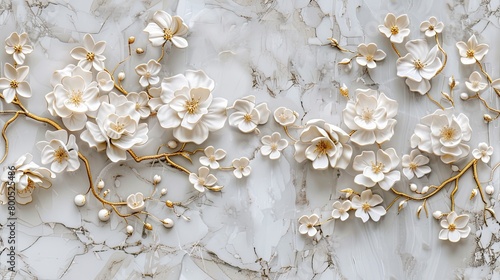 panel wall art featuring a marble background adorned with intricate white and golden flower designs, elevating the ambiance of any space as an exquisite wall decoration. SEAMLESS PATTERN