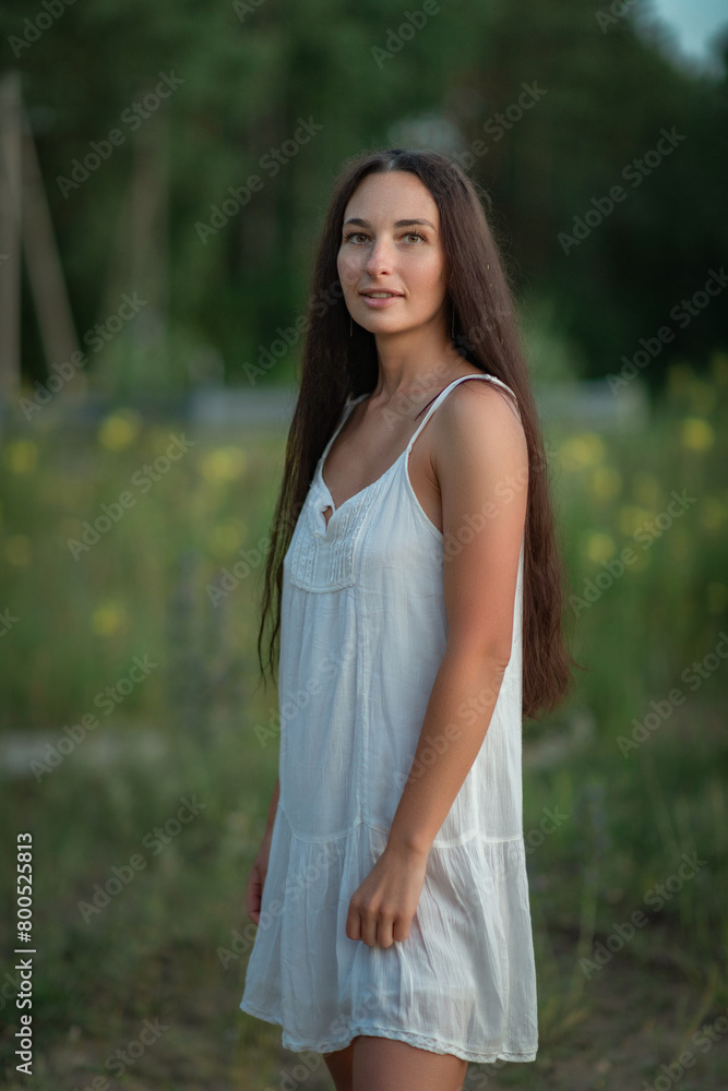 Portrait of a young beautiful dark-haired girl in a light dress in a summer field. Portrait of a young beautiful dark-haired girl in a light dress in a summer field.