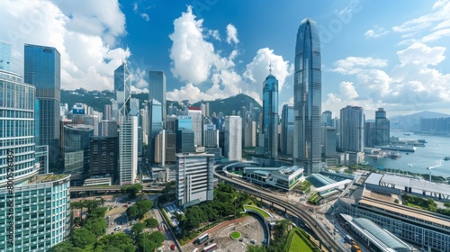 A bustling financial district with towering office skyscrapers housing multinational corporations, representing the epicenter of global commerce and trade.