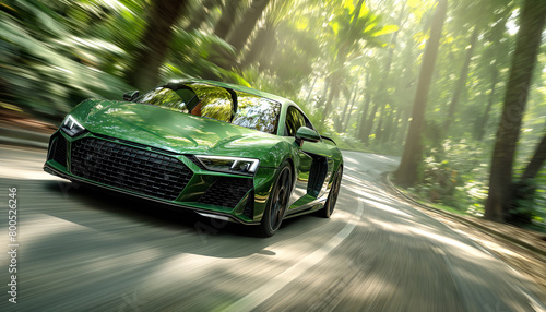 Fototapeta Naklejka Na Ścianę i Meble -  Sleek green sports car speeding through lush green forest environment by curved asphalt road. Dynamic motion blur adds to excitement of scene. Auto design and automotive production industry concept