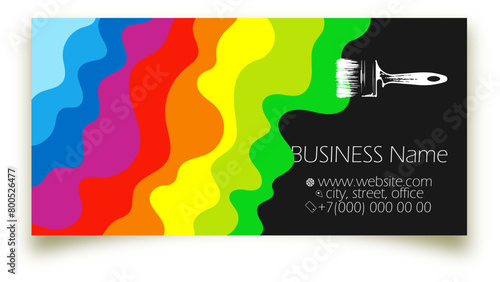 Paint brush and waves of blots of colored paint, business card concept