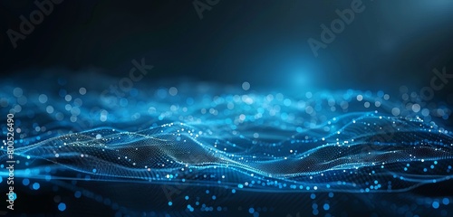 Abstract background with blue glowing low poly mesh  connection lines and dots on dark black background. 