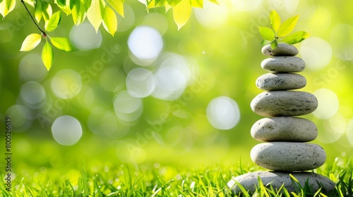   A stack of rocks atop a lush  green grass field Nearby stands a leafy tree and behind  a backdrop of vibrant  green foliage