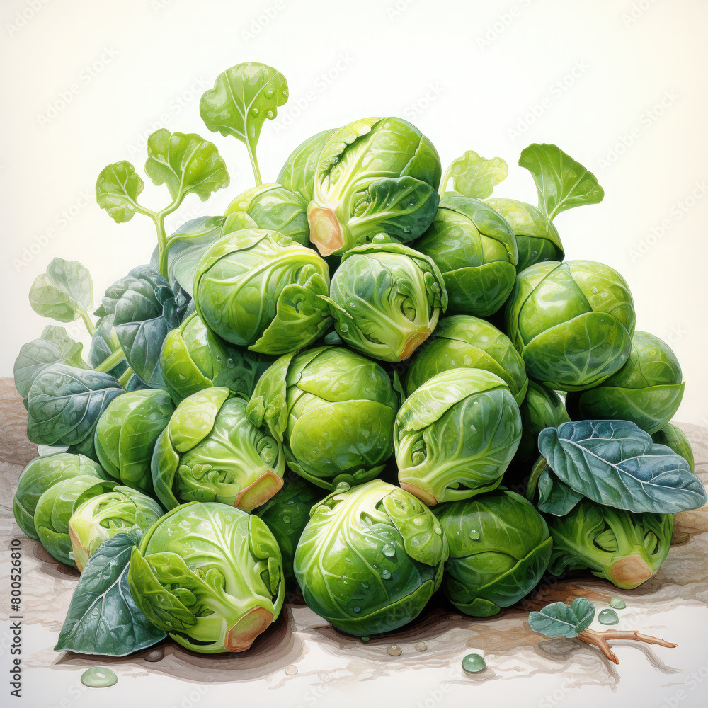 Watercolor Brussels Sprouts Illustration, Generative Ai Watercolor Brussels Sprouts Illustration, Generative Ai