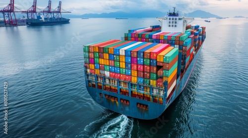 A cargo ship loaded with colorful containers sailing into a bustling port, a symbol of global trade and commerce.