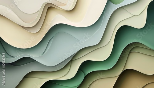 Abstract background with colorful paper cutouts in green, beige and gray colors. 