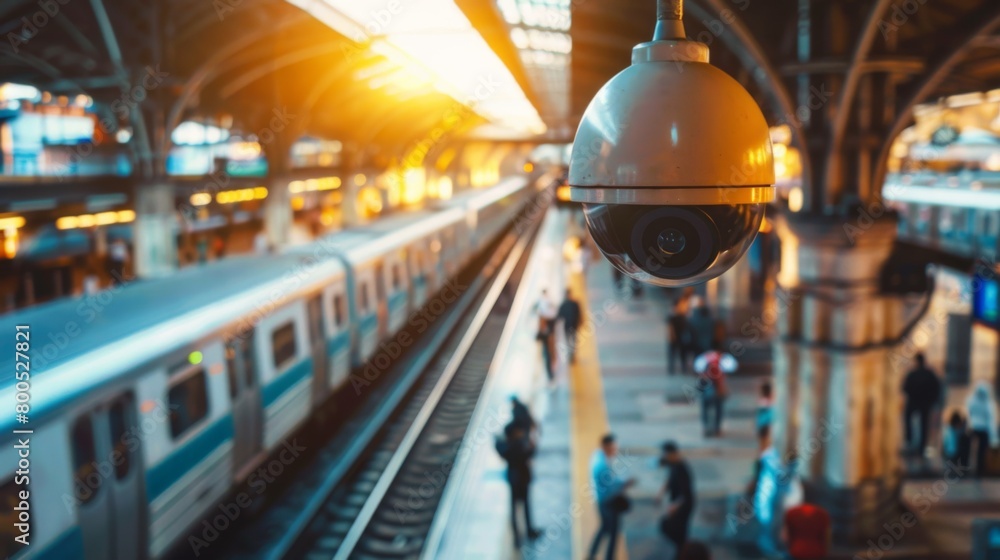 A CCTV camera overlooking a bustling train station, enhancing security and surveillance in public transportation hubs. A CCTV camera overlooking a bustling train station, enhancing security and surveillance in public transportation hubs.