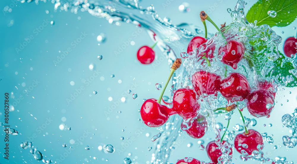 Fresh cherries floating in water. A concept of vegetarian lifestyle and vegetarian diet Fresh cherries floating in water. A concept of vegetarian lifestyle and vegetarian diet