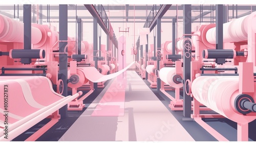 Elegant textile mill illustration with soft pink machinery, offering a clean layout for fashion industry reports.