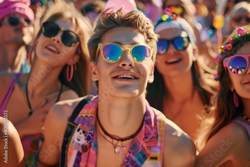 A group of people are wearing sunglasses and smiling, scene is happy and fun in a music festival