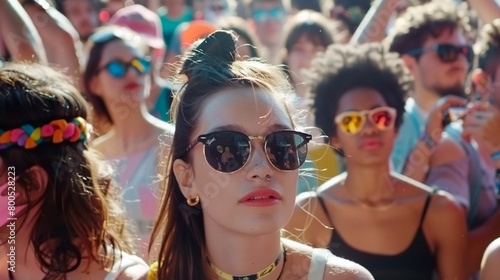 A young woman standing next to a crowd of people, wearing sunglasses like all the people around her