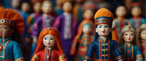 Rows of multiethnic and transnational handmade figures, souvenirs of traditional handmade dolls in elegant outfits, conceptual art showing the diversity of people around the world. Generative AI