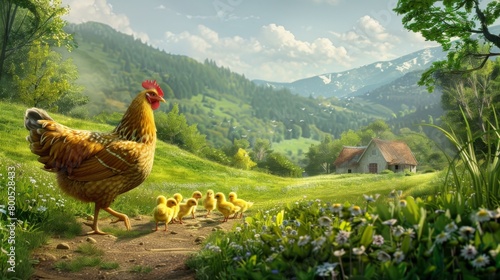 A charming countryside scene with a mother hen leading her chicks on a leisurely stroll through lush green pastures.