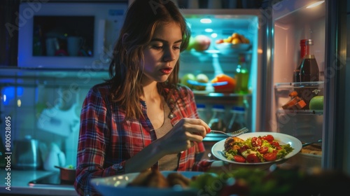 Woman Eating From Refrigerator at Night
