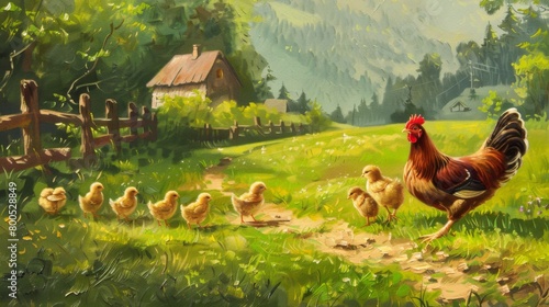 A charming countryside scene with a mother hen leading her chicks on a leisurely stroll through lush green pastures. © Plaifah