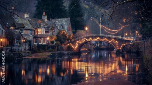 A charming waterfront town with a quaint bridge adorned with fairy lights  reflecting its shimmering glow on the calm waters below  creating a romantic ambiance.