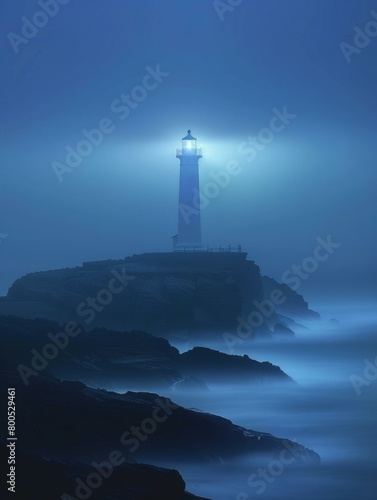 A lighthouse at night. AI.