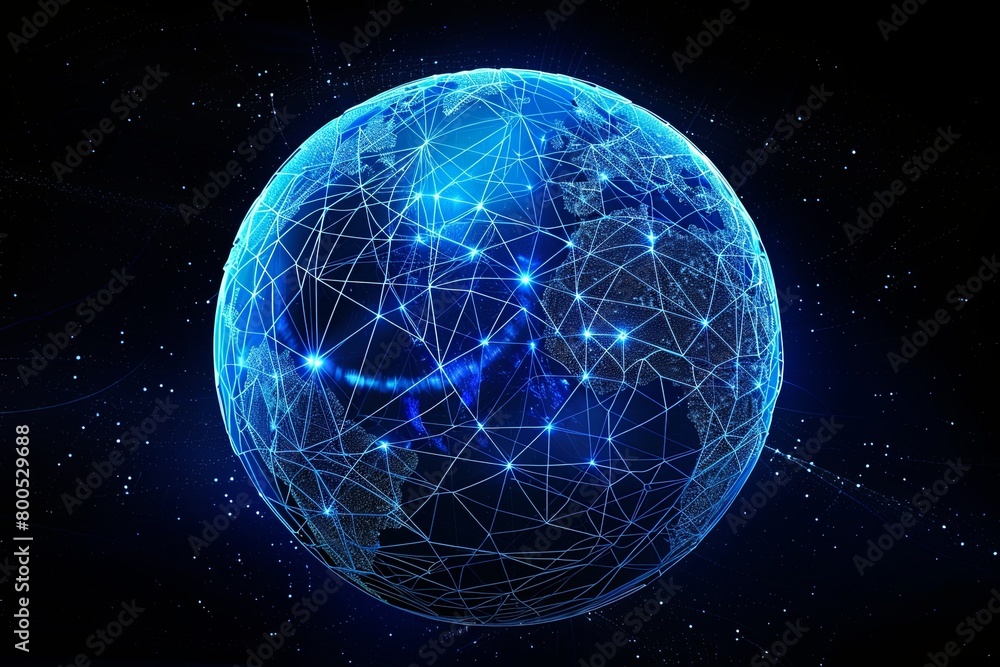 Blue Digital Globe: Unifying Lines & Dots - Global Internet Network Communication Blue Digital Globe: Unifying Lines & Dots - Global Internet Network Communication