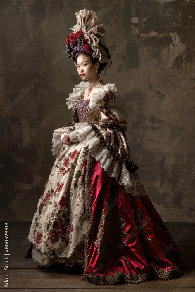 A young woman radiates splendor and opulence in Baroque-inspired attire