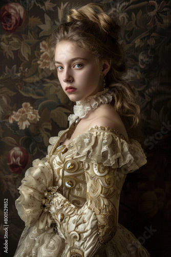 A young woman radiates splendor and opulence in Baroque-inspired attire