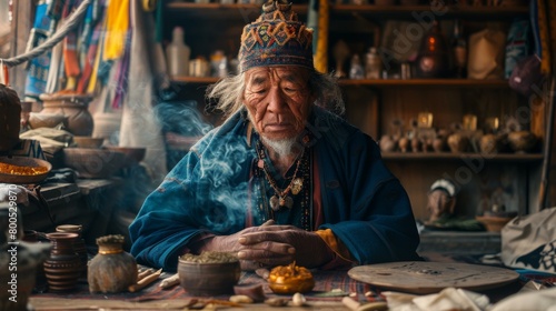 A wise old man sits in his shop, surrounded by herbs and other natural objects. He is wearing a traditional headdress and has a look of deep contemplation on his face. AI. photo