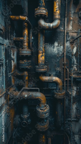 The intricate web of pipes and valves in an industrial setting creates a mesmerizing and somewhat eerie scene. AI.